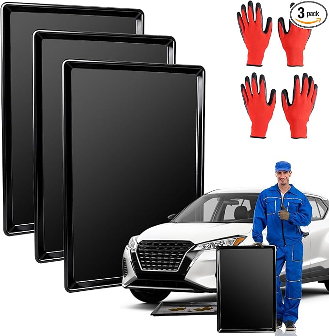 3-Pack Oil Drip Pan for Under Car(35.4 x 24 x 1.6 Inch) with Two Pairs of Gloves, Extra Large Oil Drip Pan for Car Oil Changes, Engine Maintenance, Pet Cleaning, and Home Appliance Repair