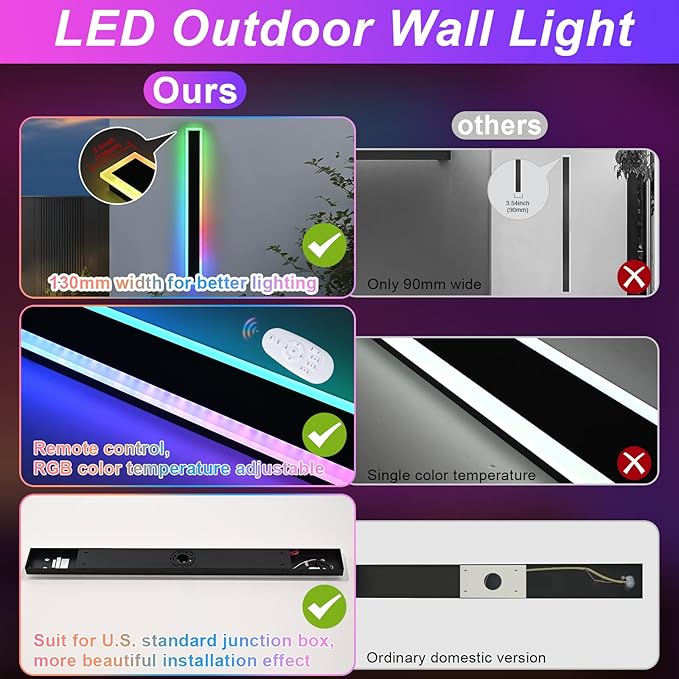 2 Pack Modern RGB Outdoor Wall Light,32 inch Led Wall Lights Fixture,Dimmable Wall Sconce Lights,Long Exterior lighting Fixtures with Control Remote,Outside RGB LED Long Lights for Porch,Patio,Garage