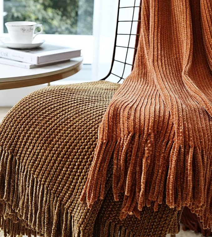 CREVENT Boho Chenille Throw Blanket for Couch Sofa Chair Bed Home Decoration, Super Soft Warm Cozy Knit Blanket for All Season (50''X60'' Coffee/Prairie Sand)