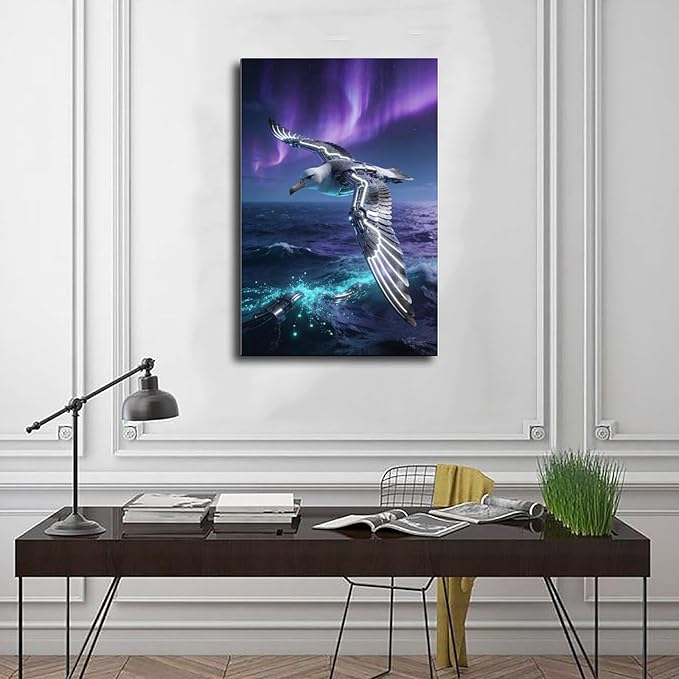 Framed Steampunk Mechanical Seagull Wall Art - Aurora Ocean Retro Poster for Bedroom Game Room Decor 16x24inch(40x60cm)