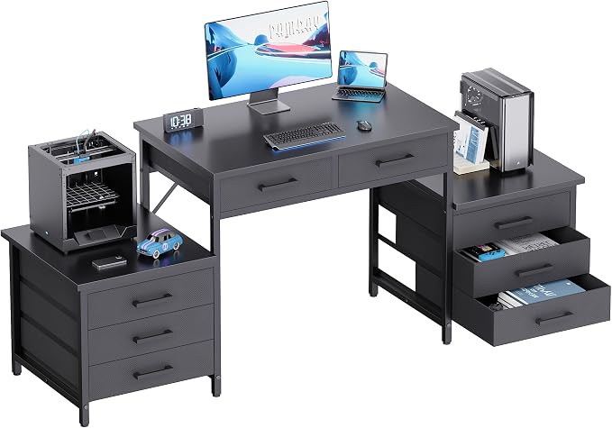 Pamray 63 Inch Office Desk with 8 Drawers and Printer Shelves for Computer | Space-saving, Ample Storage, Large Workspace, Easy Assembly, Sturdy, Suitable for Home Office Study Gaming, Bedroom and Dorms