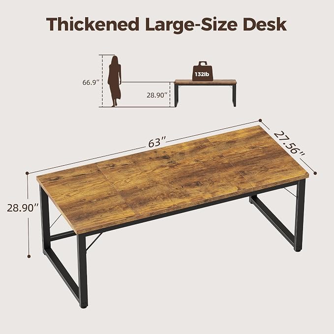 Mericonia 63x28 Inch Computer Desk, 1" Thick Large Office Table, Brown | Modern Simple Style, Heavy Duty Industrial Frame, Large Study & Writing Table for Home Bedroom Work
