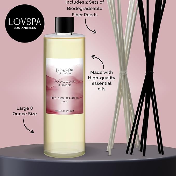 LOVSPA Sandalwood & Amber Diffuser Oil - Essential Oils for Diffuser Refill & Air Freshener Room Spray - Long-Lasting & Natural Home Fragrance, Scented Oil for Diffusers, USA Made, 8 oz