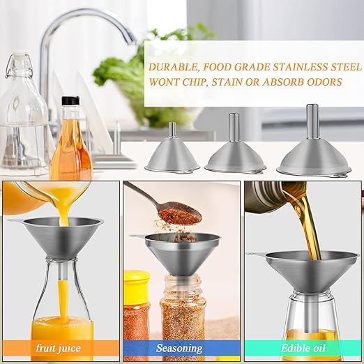 6 Pcs Stainless Steel Mini Funnels for Kitchen use. Large Tiny Small Funnel Set of 3, Metal Cooking Powder Food Grade Flask Funnels for Filling Bottles Liquor Water Spice, 2Pcs Cleaning Brushes VOPTON