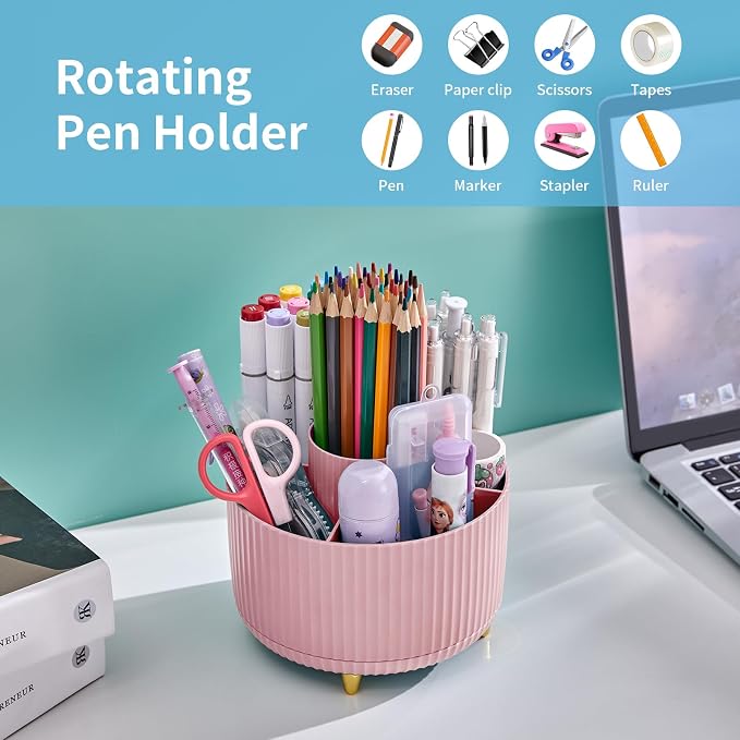 Marbrasse Desk Organizer, 360-Degree Rotating Pen Holder, Desk Organizers and Accessories with 5 Compartments Pencil Organizer, Art Supply Storage Box Caddy for Office, Home(Pink)
