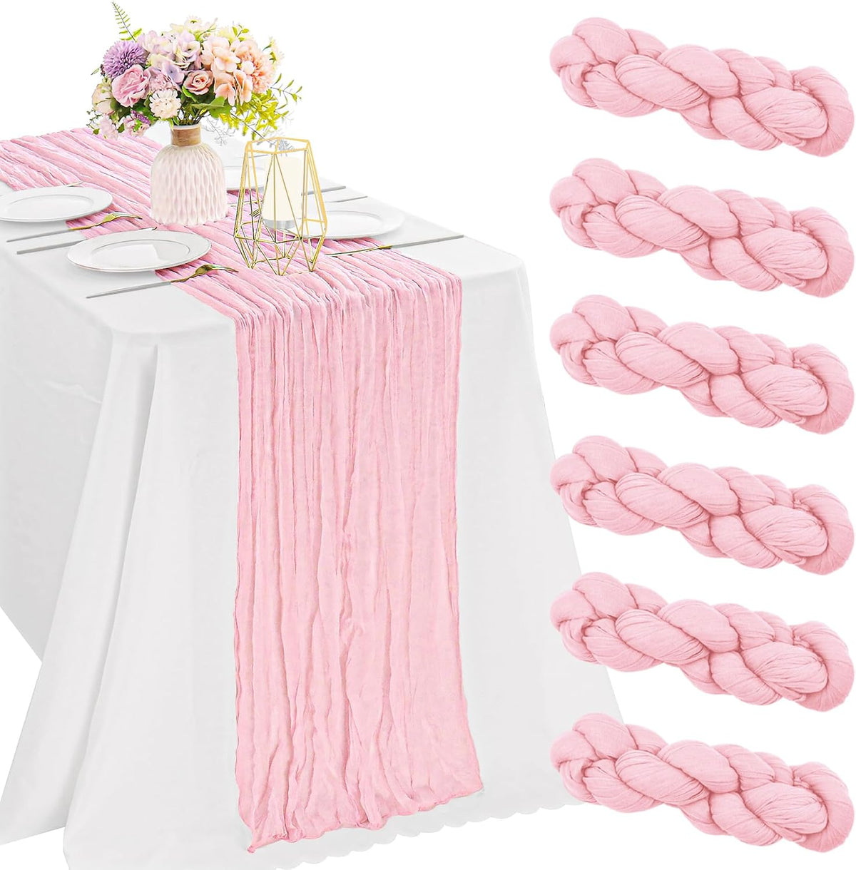 6 Pieces Pink 10FT Cheesecloth Table Runner Boho Gauze Fabric Table Runner Rustic Sheer Runner for Wedding Birthday Baby Shower Party Boho Table Decoration（Pink）