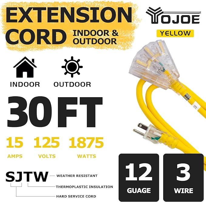 YOJOE 3-Outlets Indoor Outdoor Extension Cord with Lighted End, 3 Prong 15A Weatherproof Power Cord, 12 Gauge Heavy Duty 30 ft Yellow Extension Cord Multiple Outlets, 12/3 SJTW UL Listed