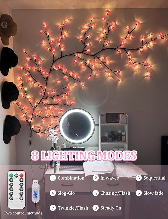 5.91 FT 96 LED Cherry Blossom Lights for Room Wall Decoration,Cherry Blossom Decor,2026 New Dimmable Light-Up Pink Bedroom Decor with Remote Timer,8 Lighting Modes