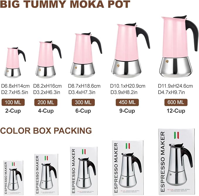 12 Cup Stovetop Espresso Maker Stainless Steel Moka Pot Stove Top Percolator Italian Coffee Makers Capable Mocha Greca Machine Cafe Classic Induction Cookers for Home and Camping 600ml 20oz