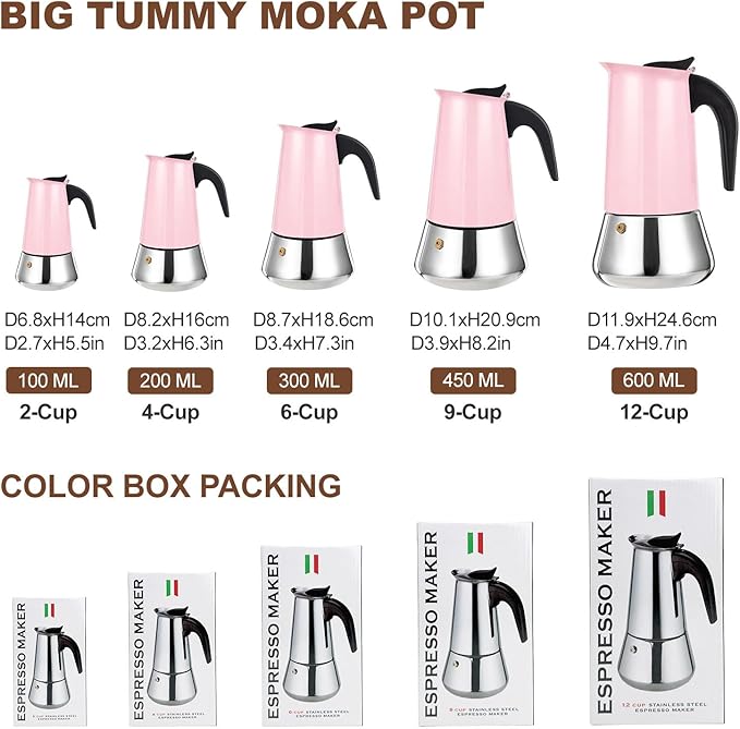 4 Cup Stovetop Espresso Maker Stainless Steel Moka Pot Stove Top Percolator Italian Coffee Makers Capable Mocha Greca Machine Cafe Classic Induction Cookers for Home and Camping 200ml 6.6oz