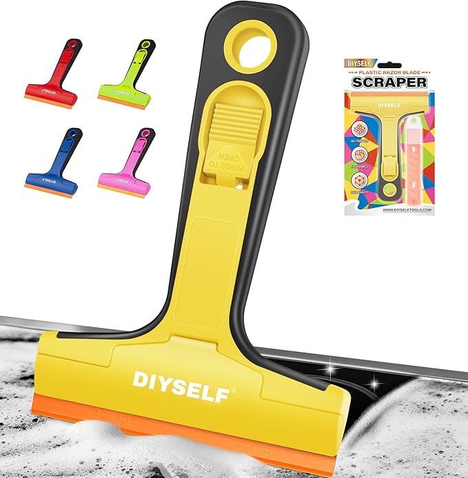 DIYSELF-Razor-Blade-Scraper, 1 Pack Razor Blade Scraper, Extra 5 PCS Orange Plastic Blades, Razor Blade Scraper Tool for Cleaning, Glass Scraper for Windows, Razor Scraper Tool for Car, Cooktop