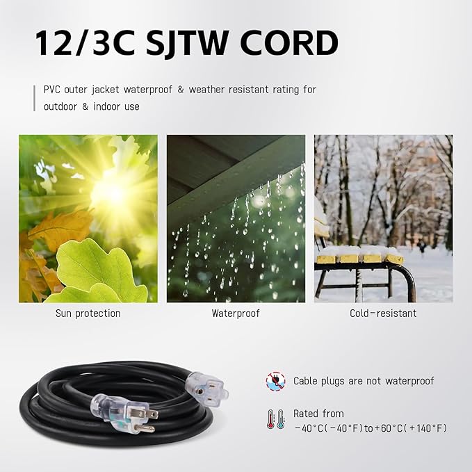EP 25 Ft Outdoor Extension Cord, 12/3 SJTW Heavy Duty Waterproof Power Cable, 3 Prong Grounded Plug, Lighted End, for Lawn, Garden, Appliances, Black