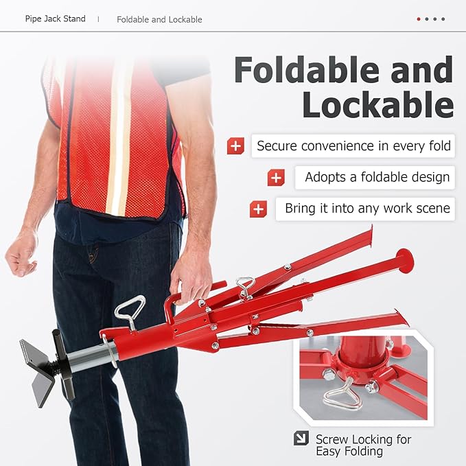 ECOTRIC V-Head Jack Stand Adjustable Height 28"-52" Folding Pipe Stand 2500 lbs Load Capacity Portable Stability Stand Steel Red