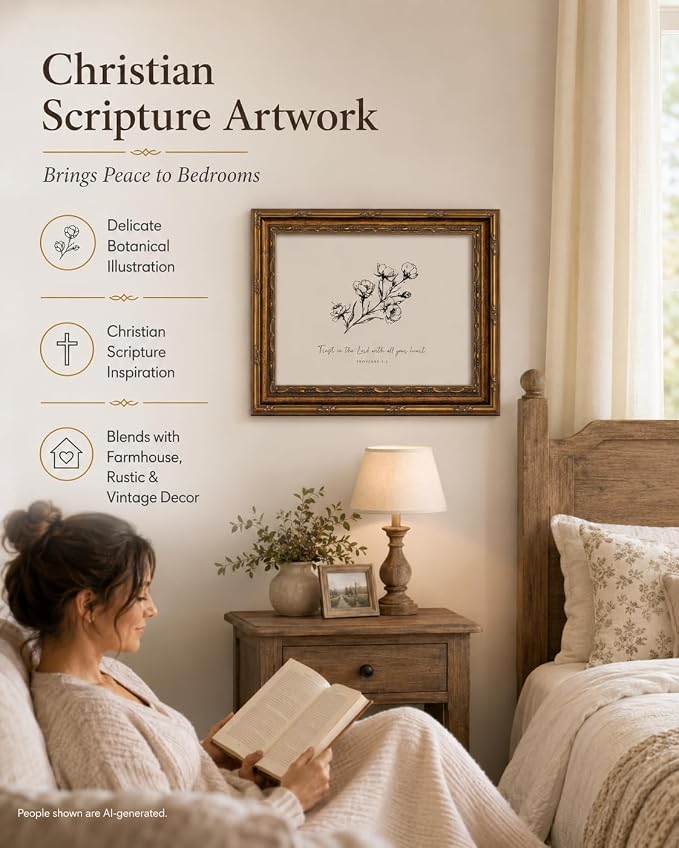 Vintage Gold Framed Floral Wall Art, Christian Bible Verse, 16 x 24 in | Sketch floral scripture canvas for living rooms, bedrooms, hallways, prayer spaces, churches, or meaningful Christian gifts.