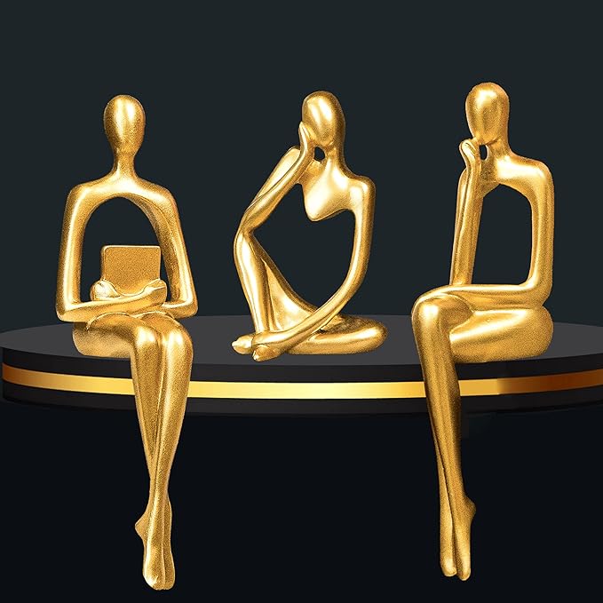 Prettidecor Gold Decor Reading Thinker Resin Statues Set of 3 | Office Coffee Shelf Table Desk Decor Abstract Decoration for Living Room Bedroom Collectable Figurines