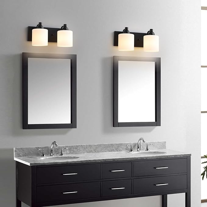Milk Glass Vanity Lights for Bathroom, 2 Light Matte Black Bathroom Light Fixtures Over Mirror, Ceramic E26 Sockets Wall Mounted