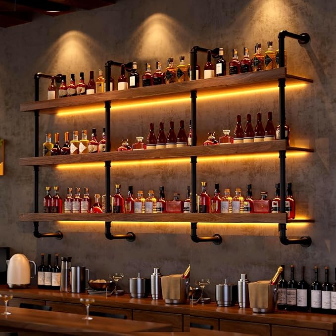 78.7in Wall Mounted Wine Rack with LED Light Solid Wood | 3-Tiers Liquor Bottles Floating Shelves Display Storage Organizer for Home Bar & Dining Room