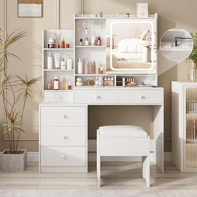 White Vanity Desk Set with Led Mirror,Makeup Vanity Table with Power Strip,Dressing Table with Stool & Lots Drawers,3 Lighting Color Mirror,Brightness Adjustable