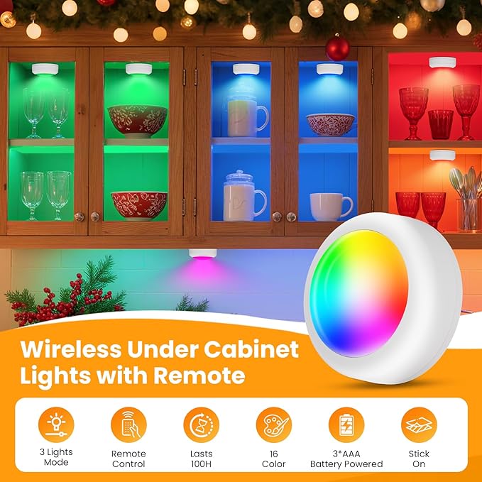 LED Puck Lights with Remote Control, 16 Color Changing Under Cabinet Lighting with Dimmer & Timer, AAA Battery Operated,Under for Closet Bedroom Kitchen, Stai (3 Pack Black)