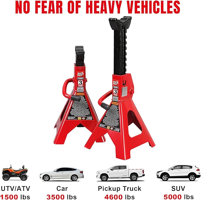 Big RED 3 Ton (6,600 LBs) Jack Stands, with Adjustable Lock Car Jack Stand, Fit for Vehicle, Red, 2 Pack