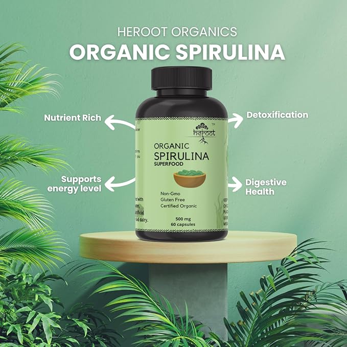 Organic Spirulina Protein Powder Capsules - Vitamins & Minerals for Energy - Vegetarian, Gluten Free 100% Pure Superfood for Optimal Health (60 Capsules)