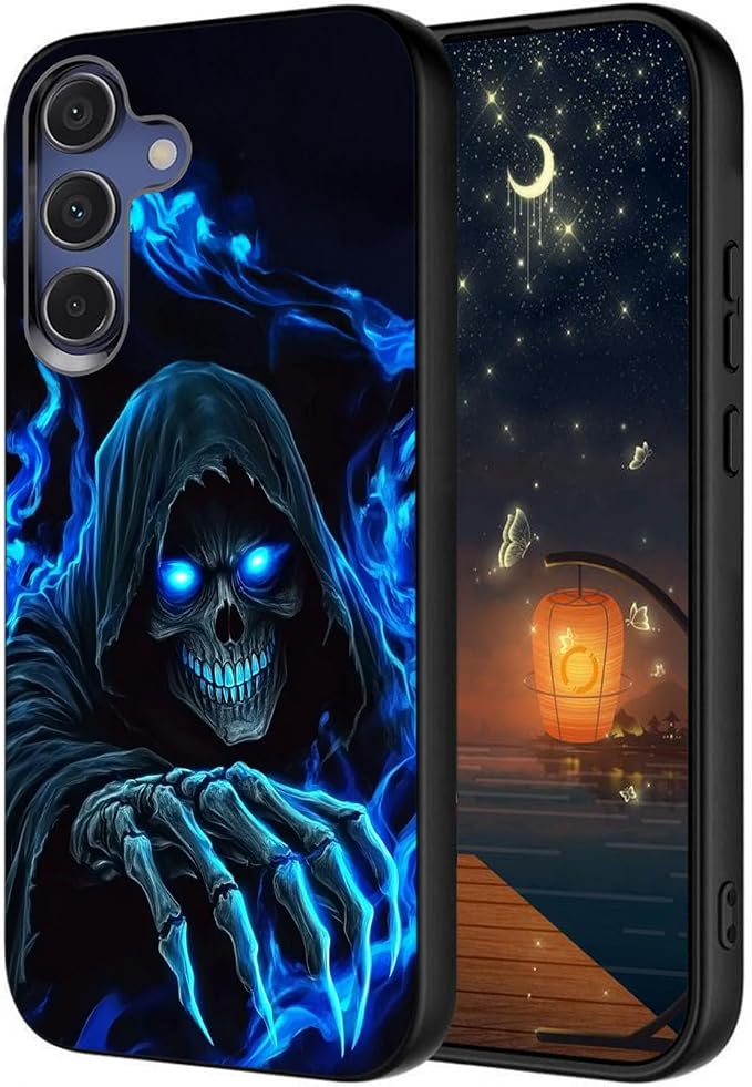 Designed for Galaxy S24 FE Phone Case,Slim Silicone Shockproof Protective Case for Galaxy S24 FE 6.7 inch,Skull with Blue Flame Art