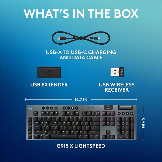 Logitech G915 X Lightspeed Wireless Gaming Keyboard (Clicky) - Black | Low Profile, Mechanical Switches, Double-Shot PBT Keycaps, RGB lighting, Aluminum finish, PC/Mac Compatible