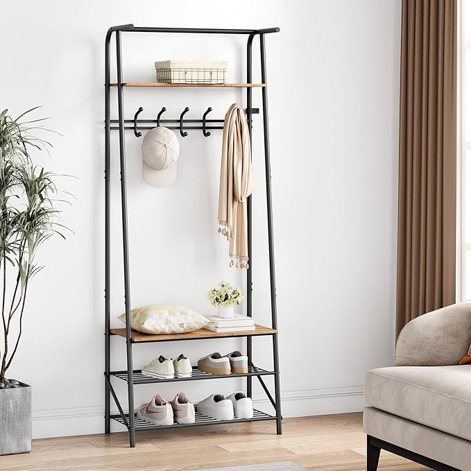 Coat Rack Hall Tree with Shoe Storage Bench, 4-in-1 Entryway Bench with 6 Hooks & 3-Tier Shoe Rack, Metal Frame for Entryways, Freestanding Coat Racks Storage for Entryway, Hallway, Front Door
