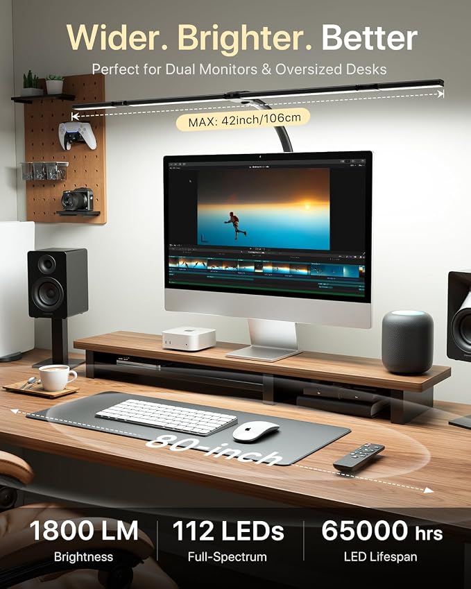ONEMIX 42-Inch LED Desk Lamp for Dual Monitors with Clamp and Remote | 4 Adjustable Panels for Focused or Wide-Area Light, 1800LM, Flexible Gooseneck, 5 Color Temps, 5 Brightness Levels, Timer