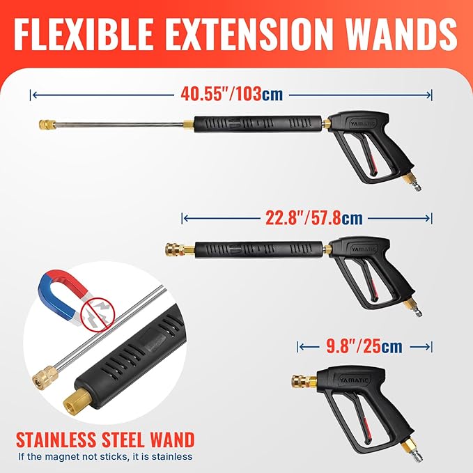 YAMATIC Pressure Washer Gun and Hose, 25 FT Flexible Hose with Stainless Steel Extension Power Washer Wand, 3/8" Swivel Quick Connect & M22-14mm Adapter Replacement for Ryobi Simpson Honda (Grey)