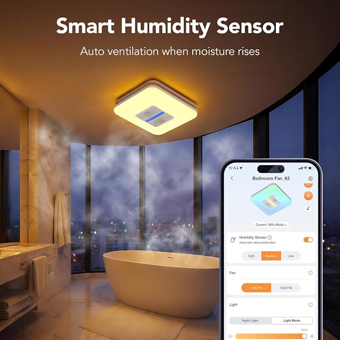 OREiN Matter Smart Bathroom Fan with Light ��� Humidity Sensor, 130���160 CFM Ventilation, Ultra-Quiet 1.0 Sone, Tunable White & Custom RGB, Dual Bluetooth Speakers, Compatible with Alexa & Google Home