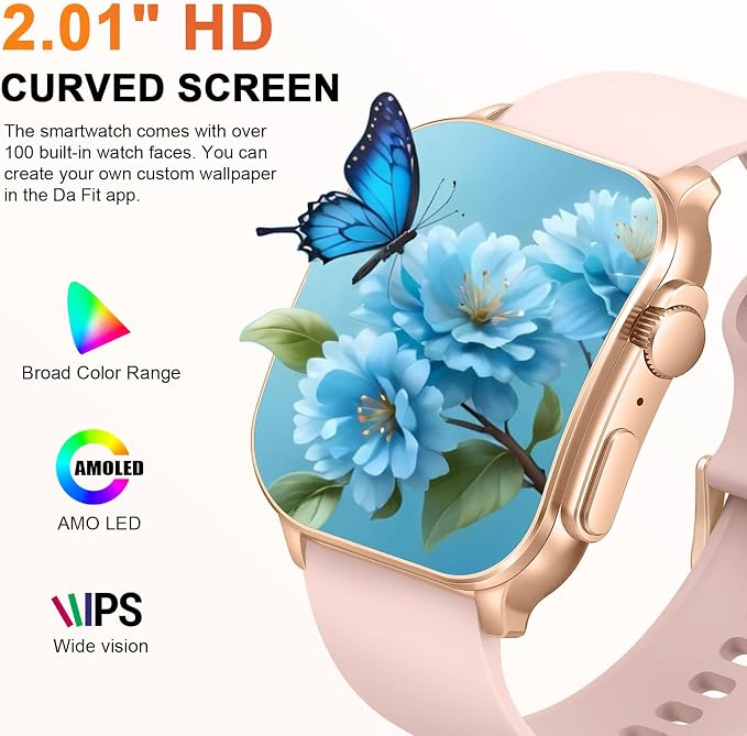 Smart Watch for Women, 2.01" AMOLED Curved HD Screen Smart Watch, Fitness Tracker with 24/7 Heart Rate/Sleep Monitor, IP68 Waterproof Running Watch,Compatible with iOS & Android for Daily Workout Pink