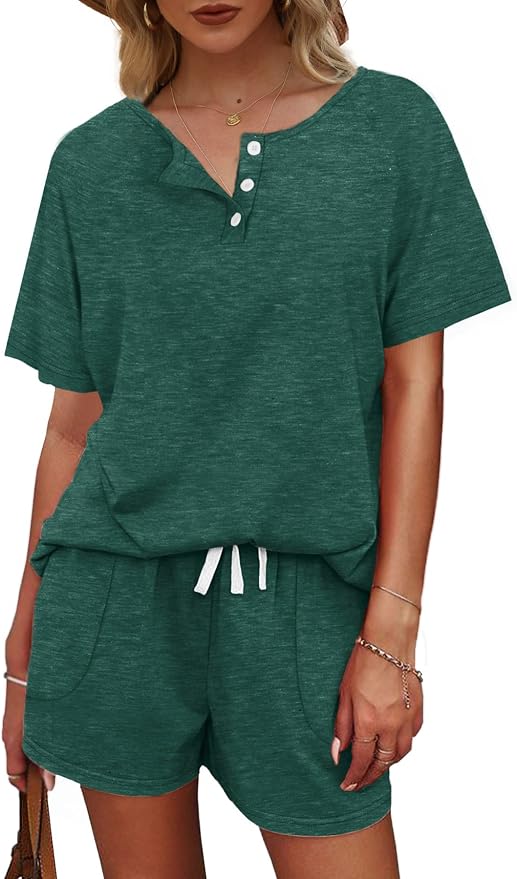 WIHOLL Two Piece Outfits for Women Lounge Sets Button Down Top and Shorts Set Sweatsuits with Pockets
