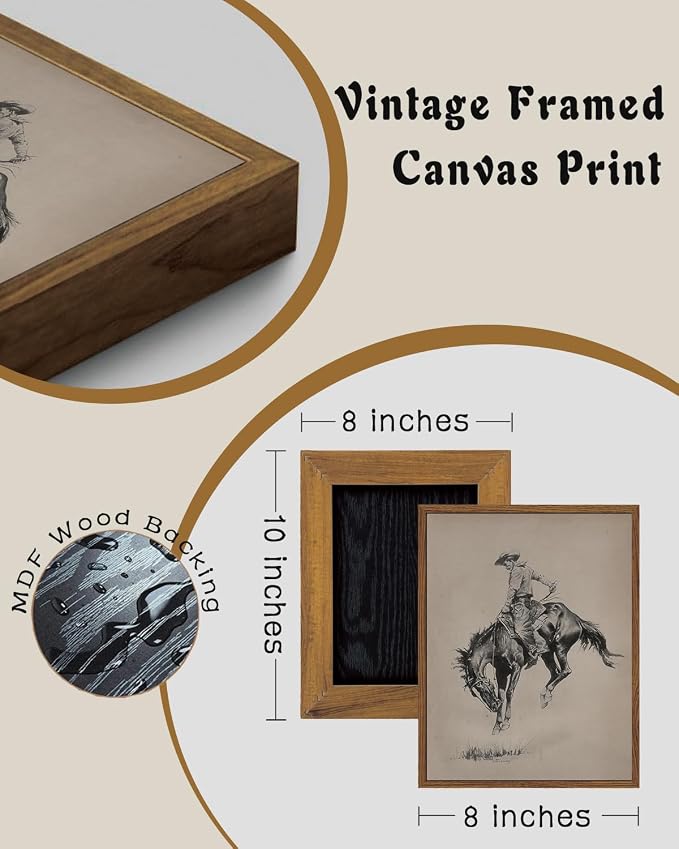 ZZLWBKGL Western Wall Decor Bronco Buster Canvas Art Cowboy Framed Wall Art | Vintage Artwork Farmhouse Picture Retro Country West Paintings for Living Room Bedroom 8x10in