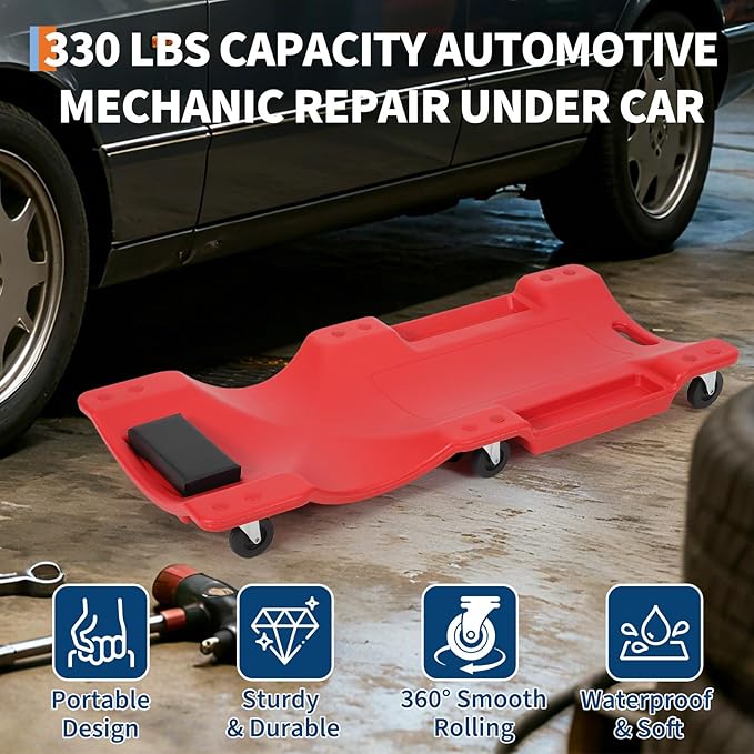 Garvee 40" Plastic Rolling Automotive Garage/Shop Creeper,350 Lbs Blow Molded Ergonomic HDPE Body Low Profile Mechanic Creeper with Padded Headrest, Dual Tool Trays and 6 Casters