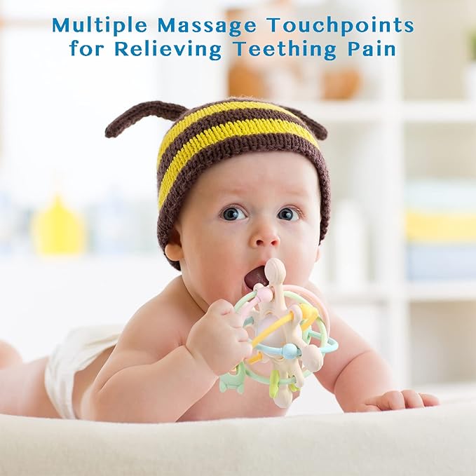 Baby Teether Toy for Babies 3 Months+, Silicone Baby Teething Toys, Rattle Sensory Teether Toy for Sore Gums, Baby Chew Toys for Sucking Needs, BPA Free, Milk White
