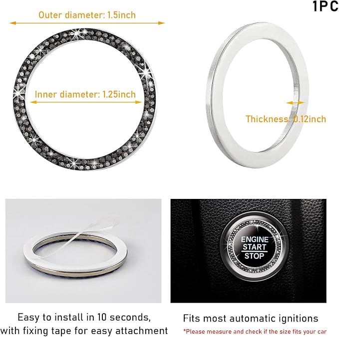 Kewucn Bling Crystal Double Rhinestone Car Engine Start Decoration Ring, Sparkling Push Start Button Sticker, Key Ignition & Knob Ring Decoration, Bling Car Interior Accessory (Bright Black)