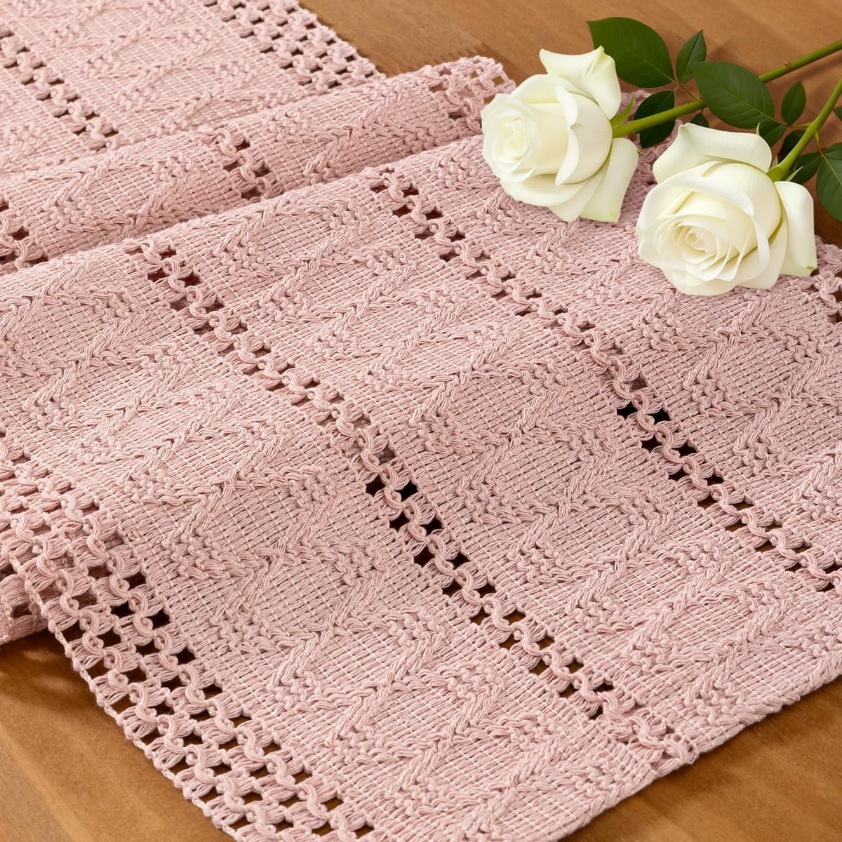 Pink Boho Table Runner Farmhouse Macrame Woven Table Runner 12x48 Inch