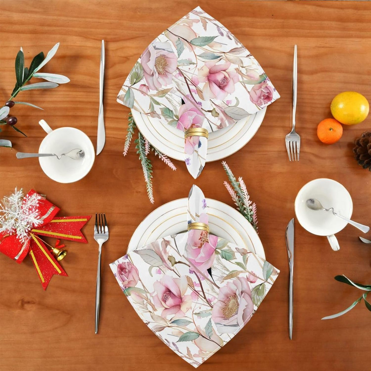 Cloth Napkins 20x20 Inch,Pink Wildflowers Floral Dinner Napkins Set of 4 Washable Table Napkins Cloth for Party Wedding Decoration