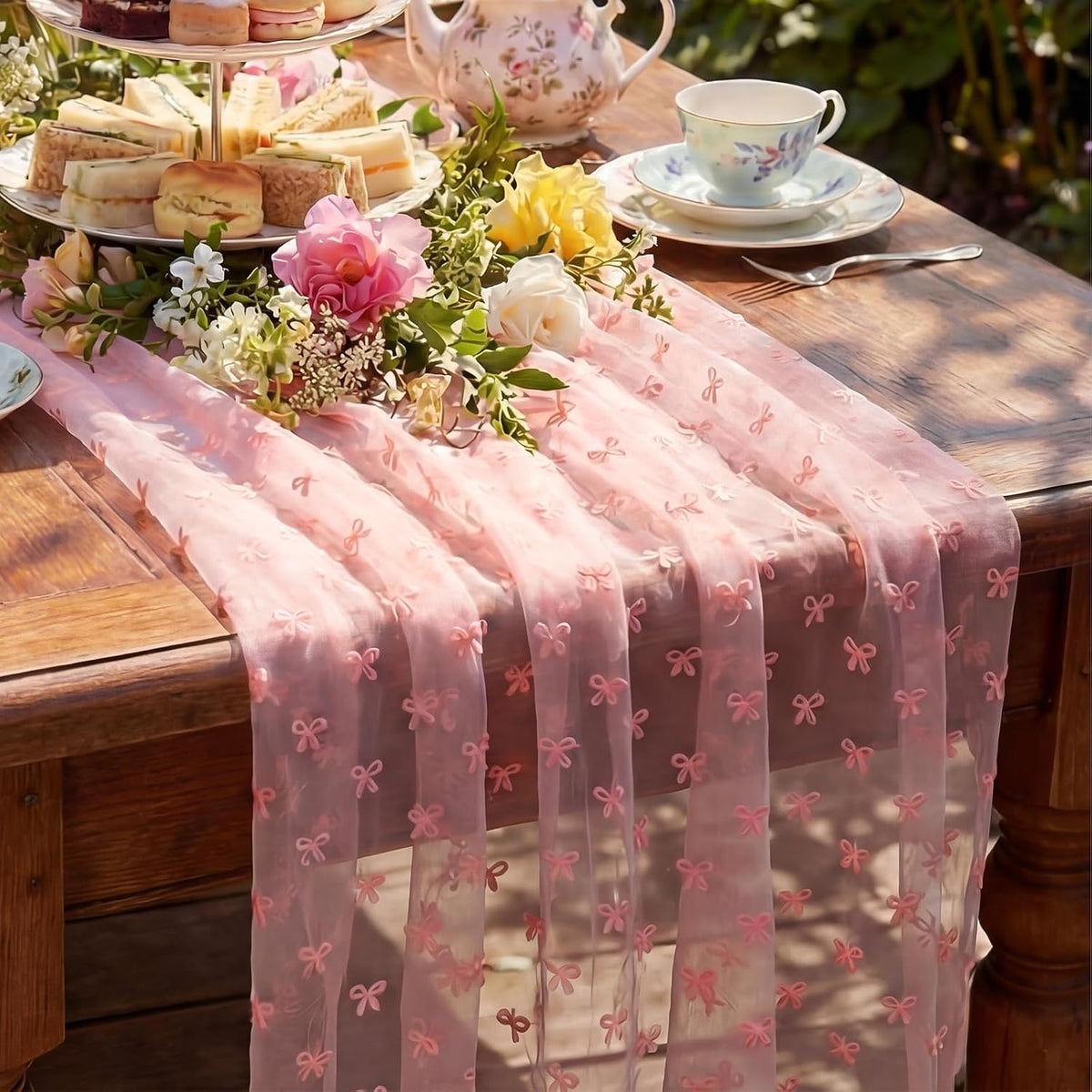 9.8 Ft Pink Butterfly Table Runner Tulle Embroidery Bow Decor