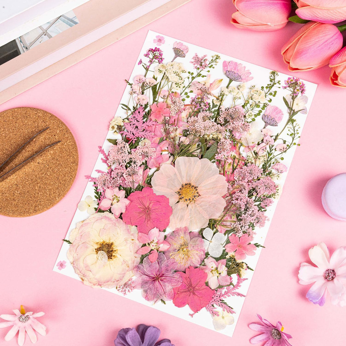50pcs Pink Pressed Flowers Bulk, Romantic Dried Flower Leaves, Natural Pressed Dried Flowers with Tweezer for DIY Crafts Resin Mold Candles Cake Bridal Scrapbooking Supplies