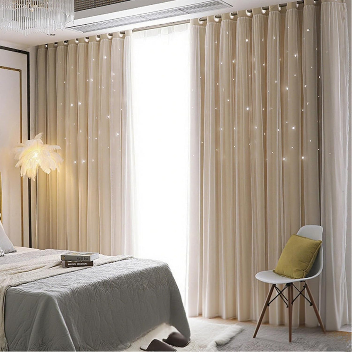 Beige Curtain for Bedroom 63 Inches Long Star Cutout Cute Blackout Nursery