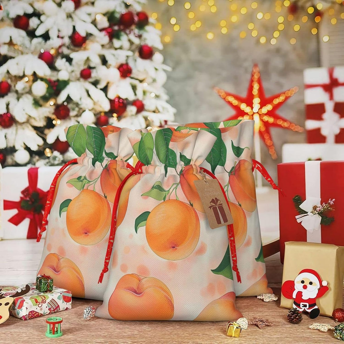 BEIVGOXL Peach Printed Drawstring Burlap Gift Bag - Eco-Friendly, Delicate Design Reusable Pouches, For Christmas,Birthday Wedding Party Supplies 11.8x8.3inch