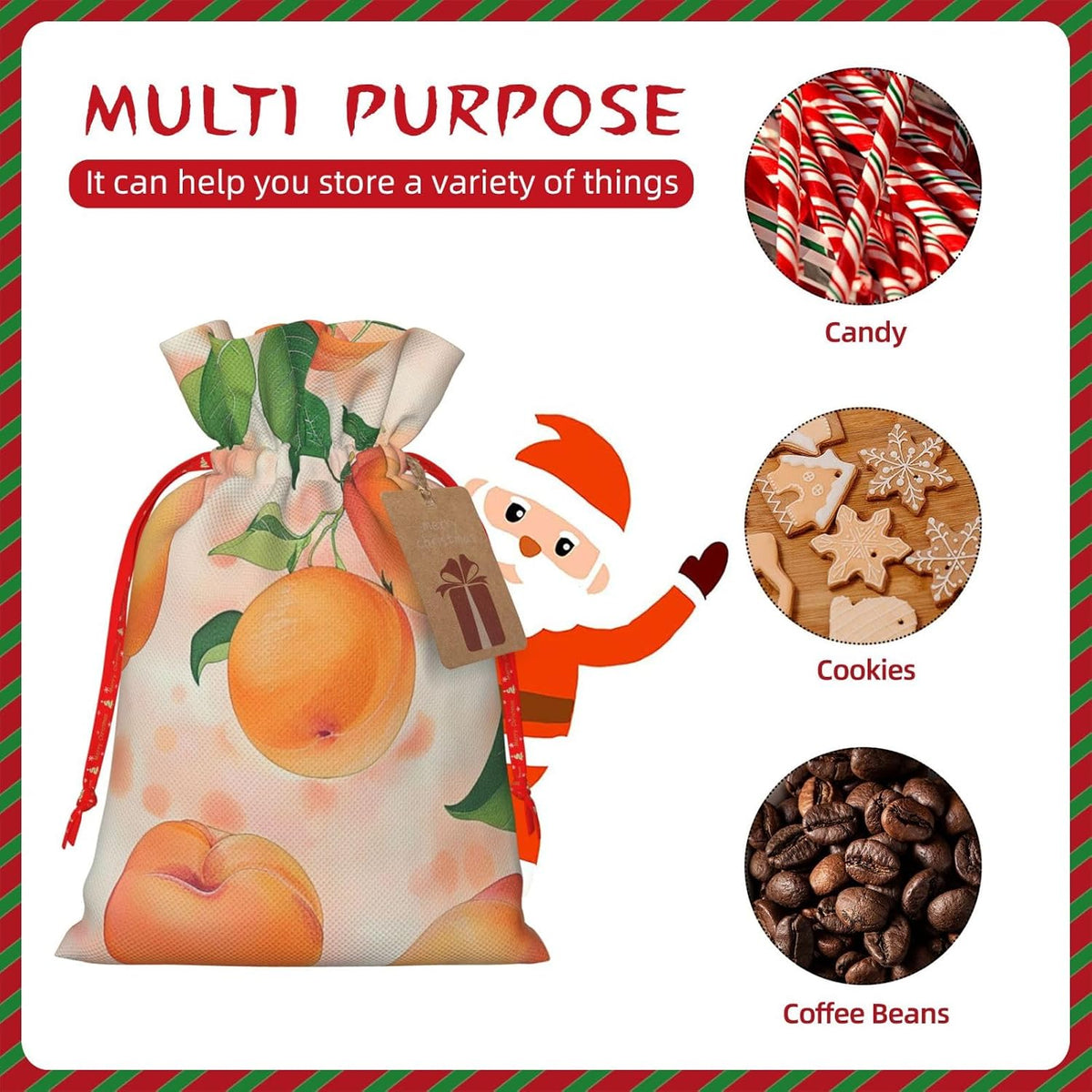 BEIVGOXL Peach Printed Drawstring Burlap Gift Bag - Eco-Friendly, Delicate Design Reusable Pouches, For Christmas,Birthday Wedding Party Supplies 11.8x8.3inch