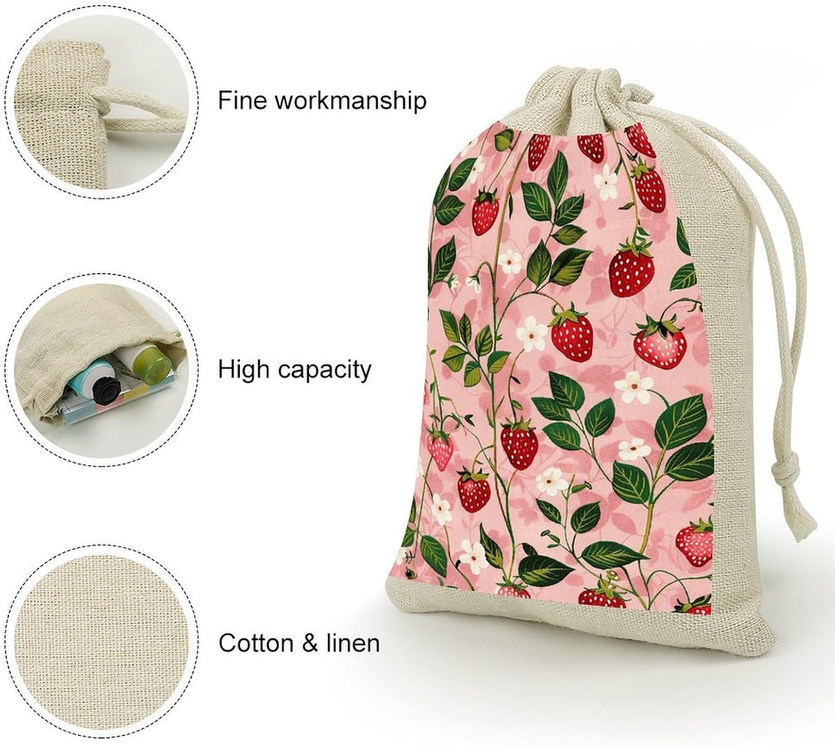 WSOIHFEC Peach Strawberry Print Burlap Bags Gift Bag Drawstring Pouch | Burlap Gift Bags with Drawstring Christmas Gift Bag 6.7x5 Inch Reusable Grocery Christmas, Advent, Holiday Gift Wrap
