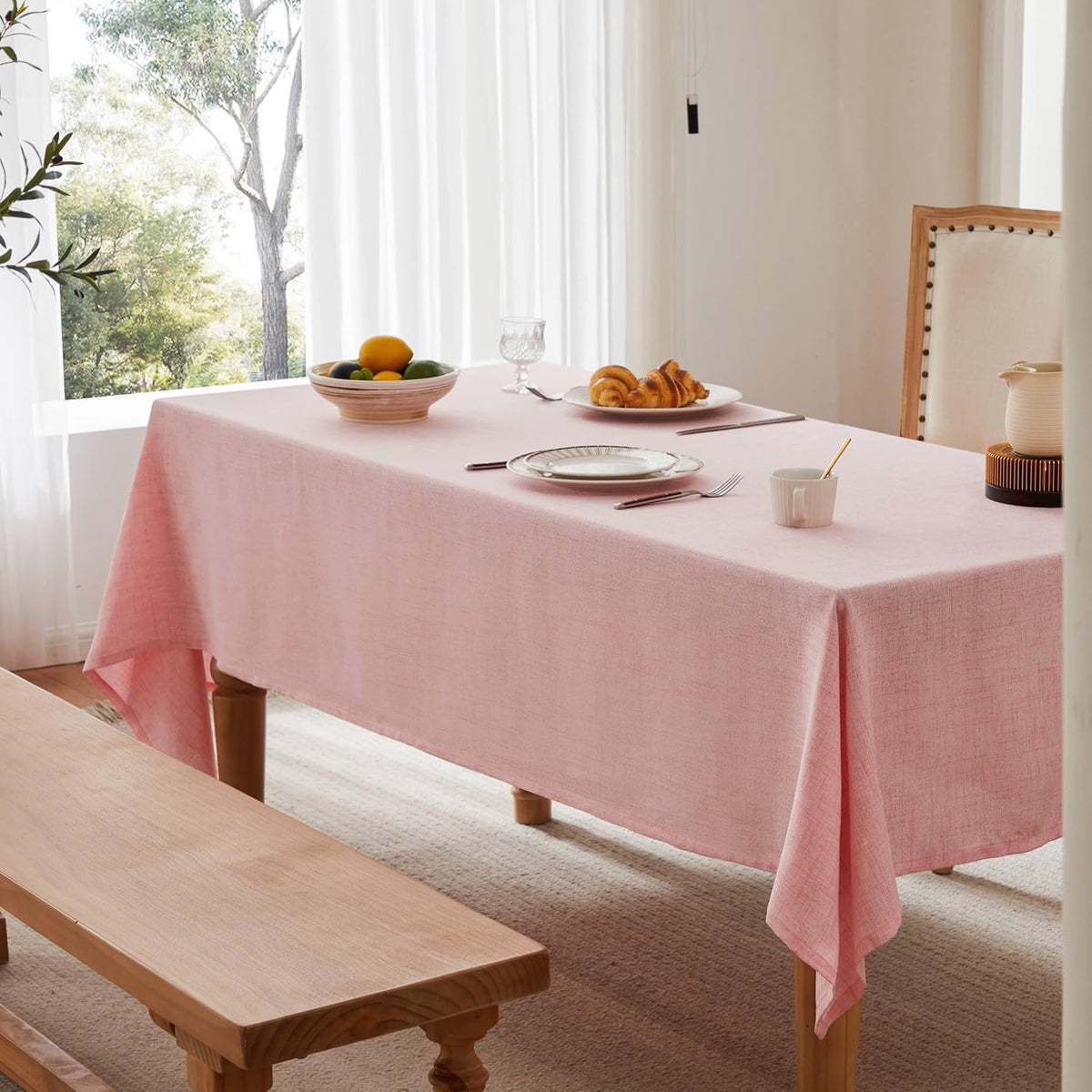 Farmhouse Linen Rectangular Tablecloth, Pink 60x120 Inch | Sleek Draping Style, Cotton Blend, Water Resistant Dining Tablecloths, Washable Stain-Resistant, Easy Care Table Cover