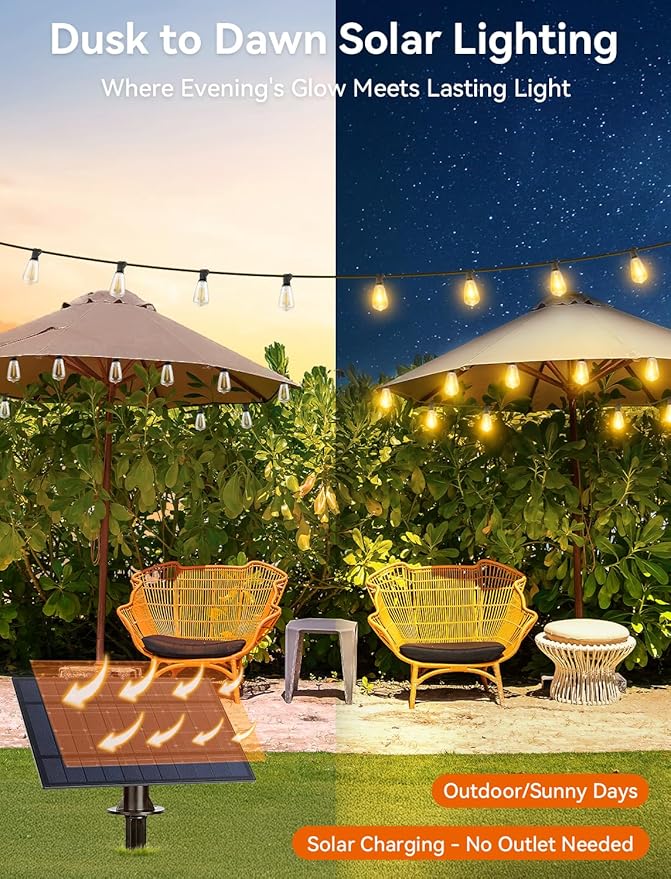 Brightever 100FT Solar String Lights Outdoor Waterproof with Remote, 36+2 Shatterproof ST38 LED Bulbs, Dimmable Patio Lights Solar Powered, 3 Lighting Modes Solar Lights for Backyard, Garden, Deck