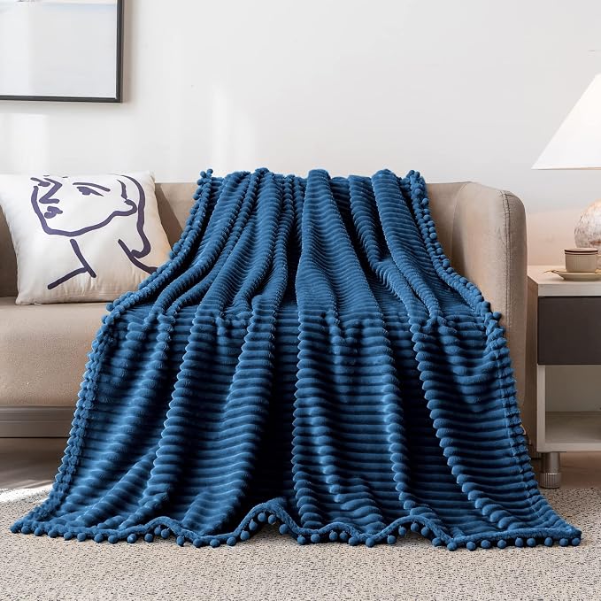 DISSA Fleece Blanket Queen Size – 71x80, Blue - Soft, Plush, Fluffy, Fuzzy, Warm, Cozy – Perfect Throw for Couch, Bed, Sofa - with Pompom Fringe - Flannel Blanket
