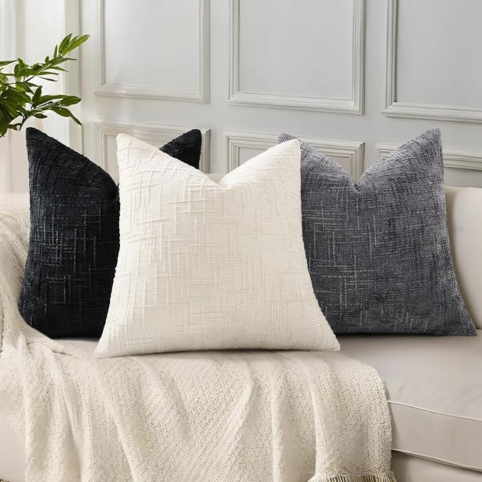 decorUhome Textured Chenille Throw Pillow Covers 12x20 Set of 2 Black | Fall Modern Farmhouse Soft Cozy Slubby Couch Pillow Cases Boho Decorative Pillow Cases for Bed Sofa Living Room Home Decor