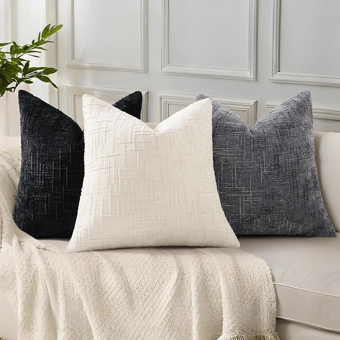 decorUhome Textured Chenille Throw Pillow Covers 22x22 Set of 2 Black | Fall Modern Farmhouse Soft Cozy Slubby Couch Pillow Cases Boho Decorative Pillow Cases for Bed Sofa Living Room Home Decor